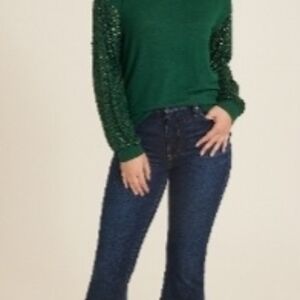 Maurices Green Blouse with Sequin Sleeves